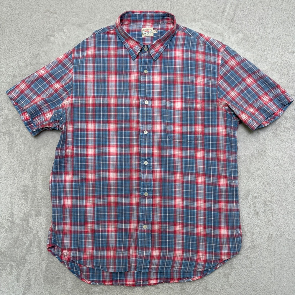 Faherty Soft Plaid Short Sleeve Shirt XL slim muted colors cats eye buttons